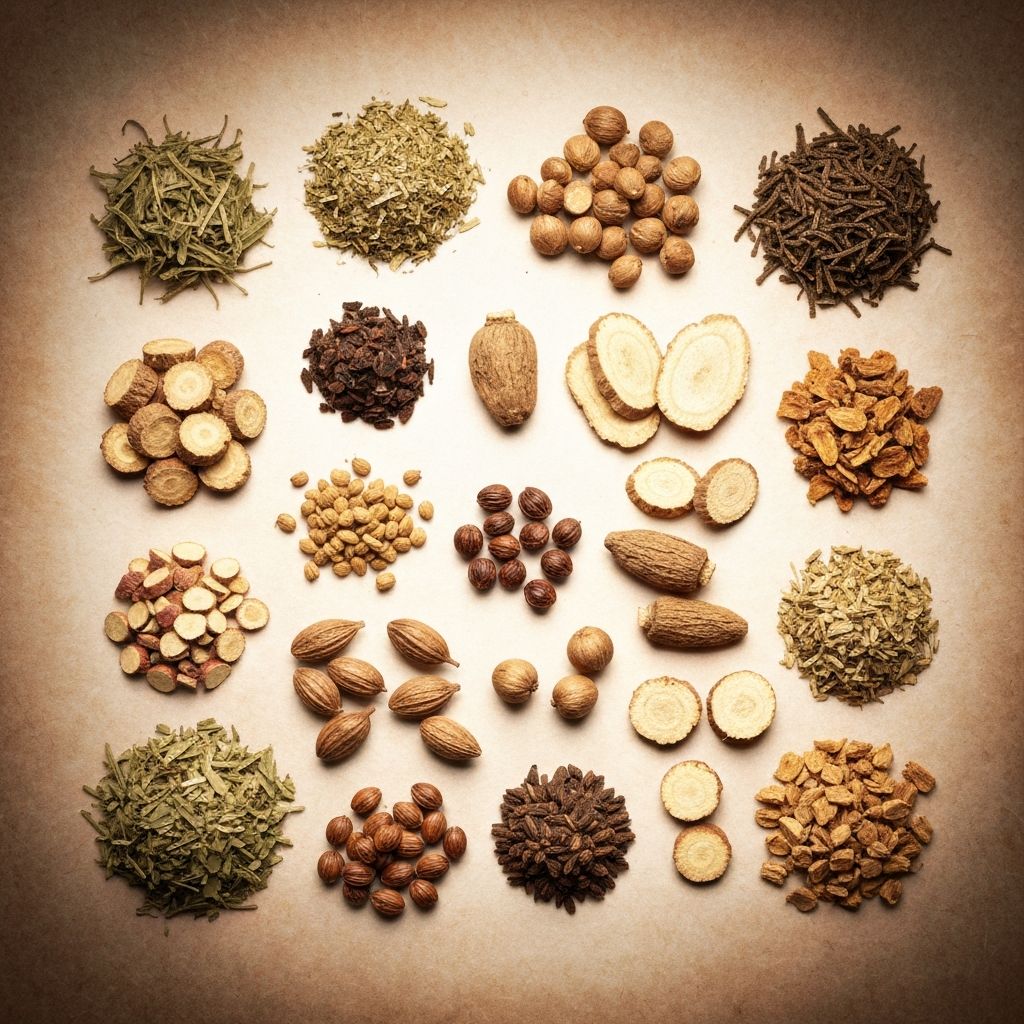 Collection of botanical elements and dried herbs